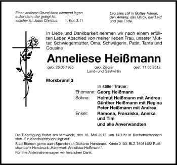 Traueranzeige von Anneliese Heißmann von Hersbrucker Zeitung